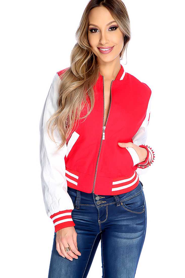 White Red Faux Leather Detailing Zipper Closure Side Pockets Mock Neckline Two Tone Jacket