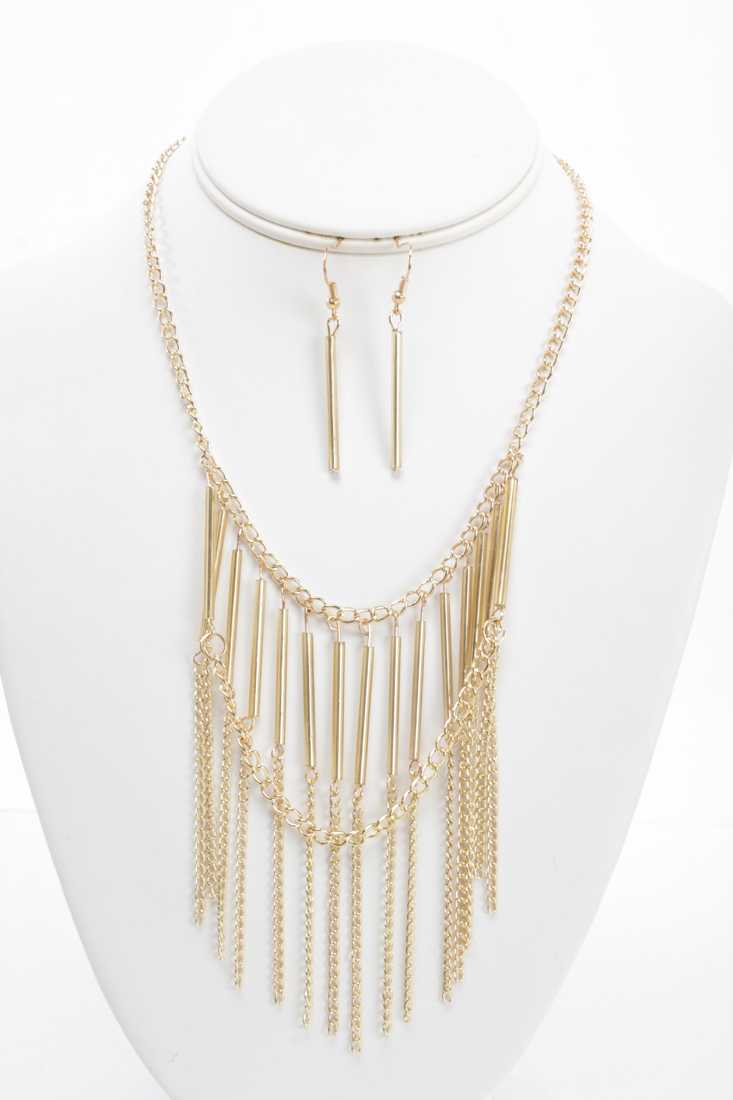 Gold Fringe Chain Beaded Necklace