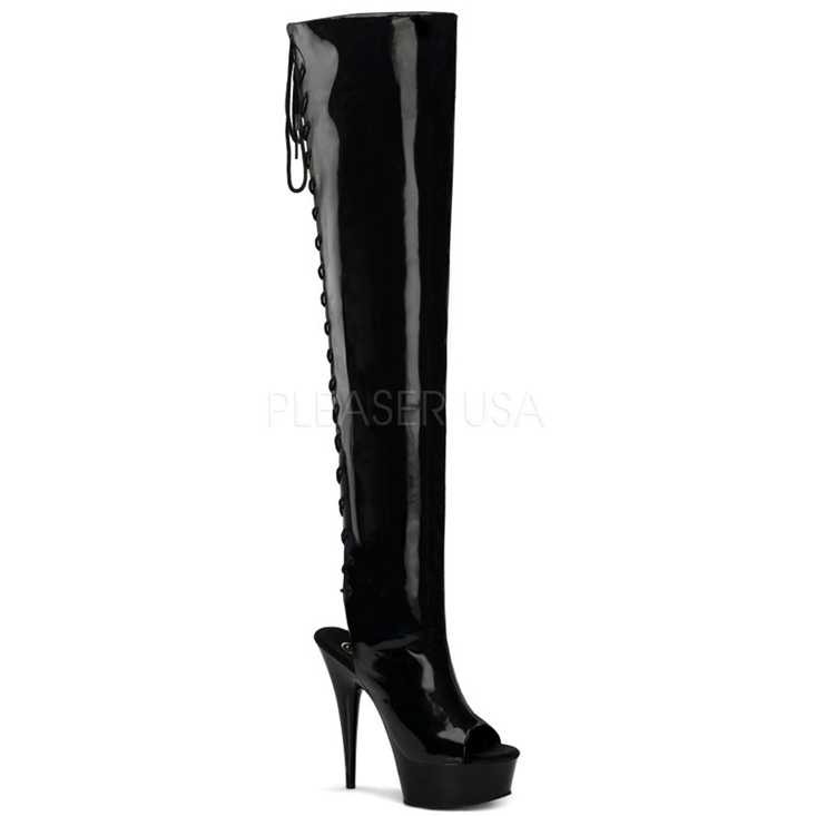 Black Patent Lace Up Thigh High Boots