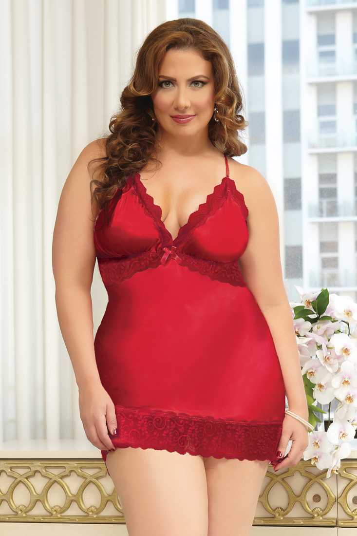 Red Shiny Satin Scallop Lace Chemise Intimates Set AMI+