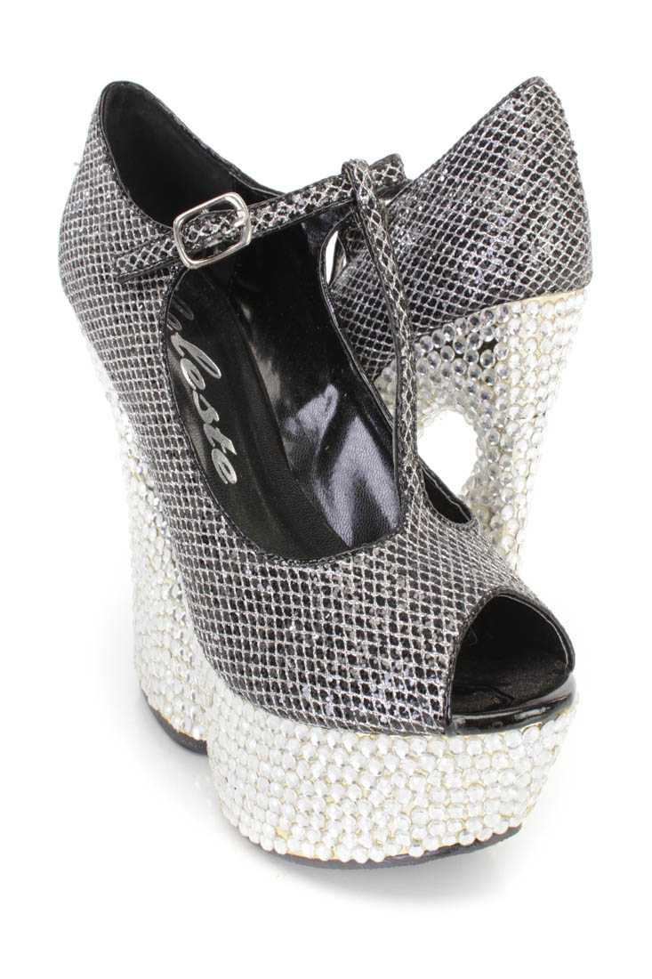 Black Rhinestone T Strap Platform Heels Glitter