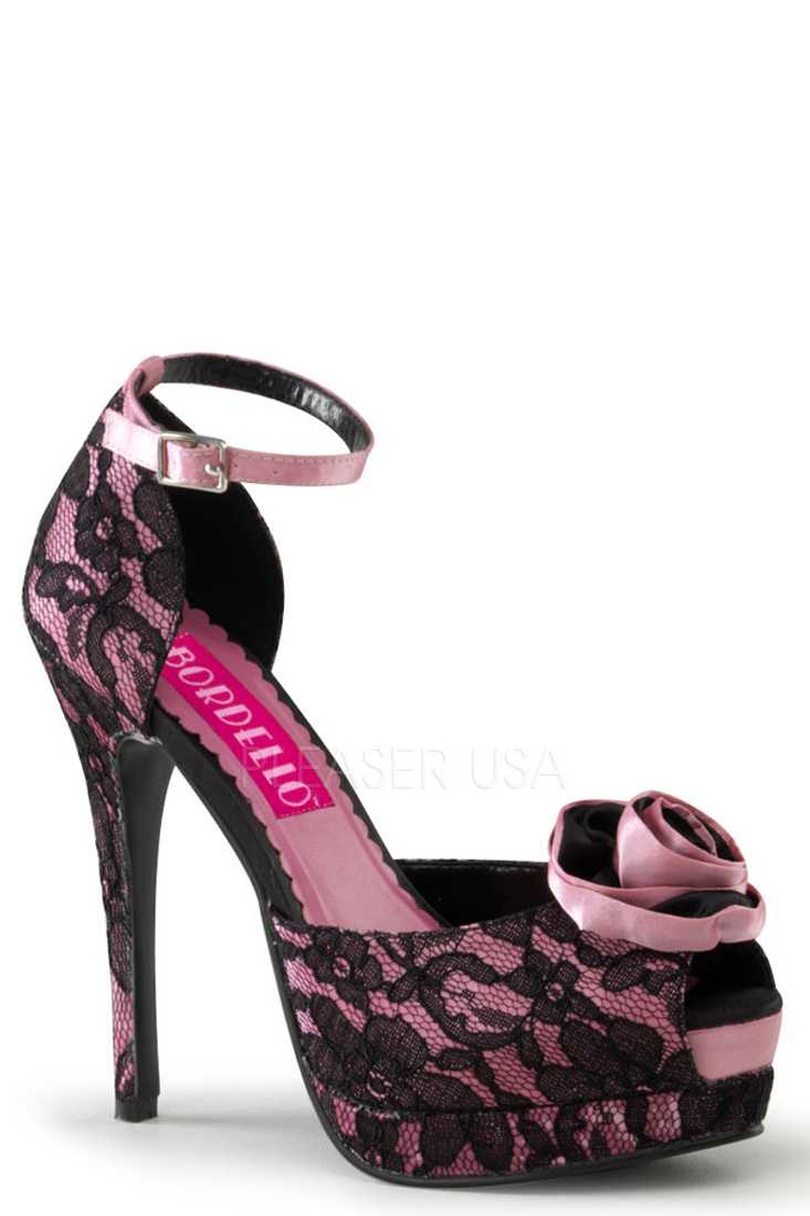 Hot Pink Black Lace Rose Bud Peep Toe High Heels Satin