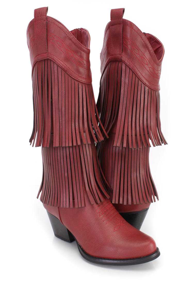 Red Stitched Fringe Western Boots Faux Leather