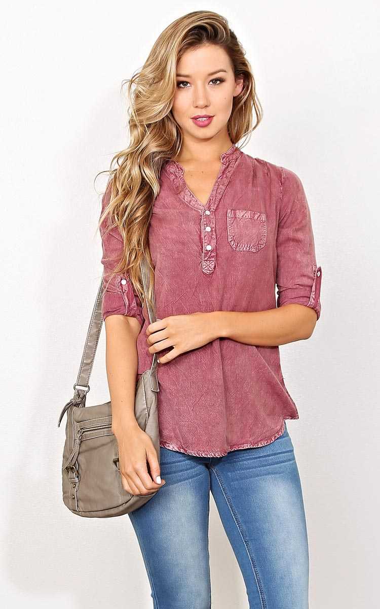 Jaded Mineral Wash Woven Top - - Burgundy in Size by Styles For Less