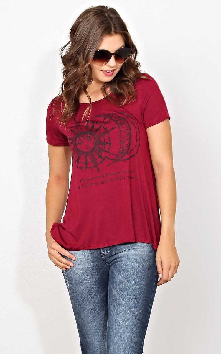 THE SUN LOVED THE MOON Graphic Tee - SML - Wine/Cran in Size Small by Styles For Less