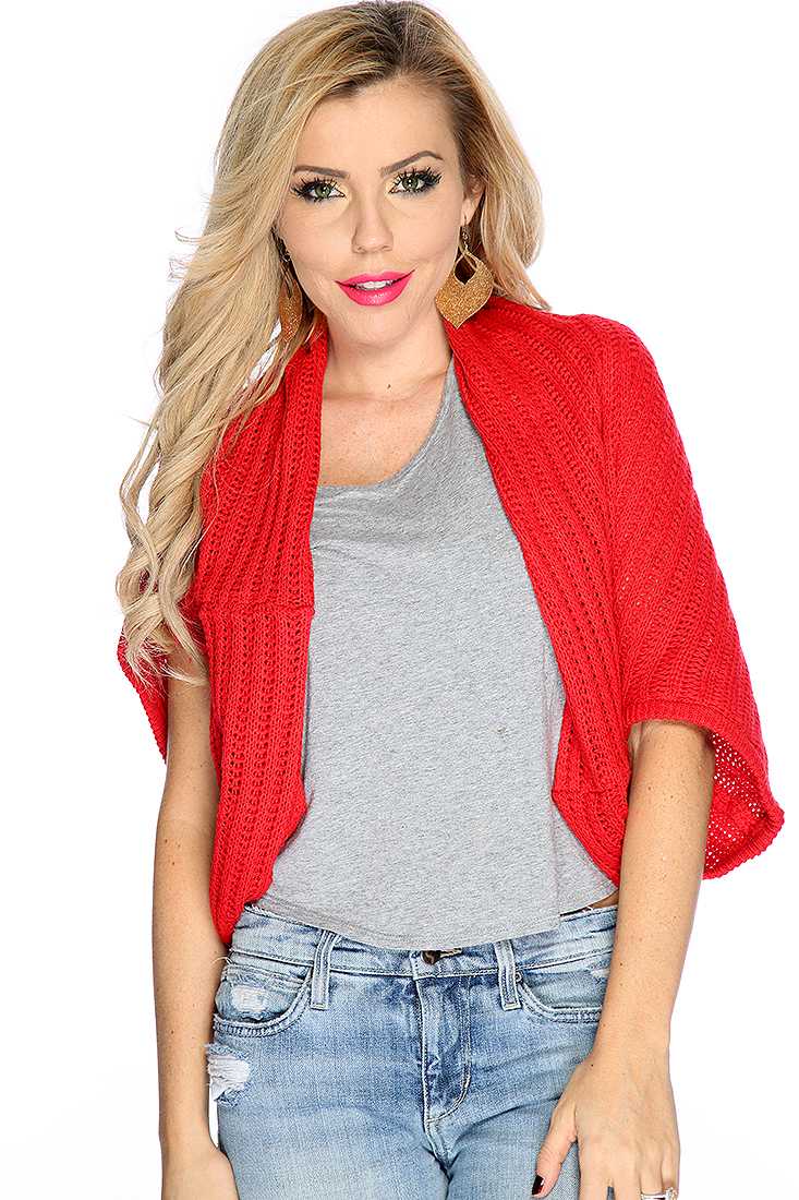 Red Knitted Open Front Quarter Sleeve Cardigan
