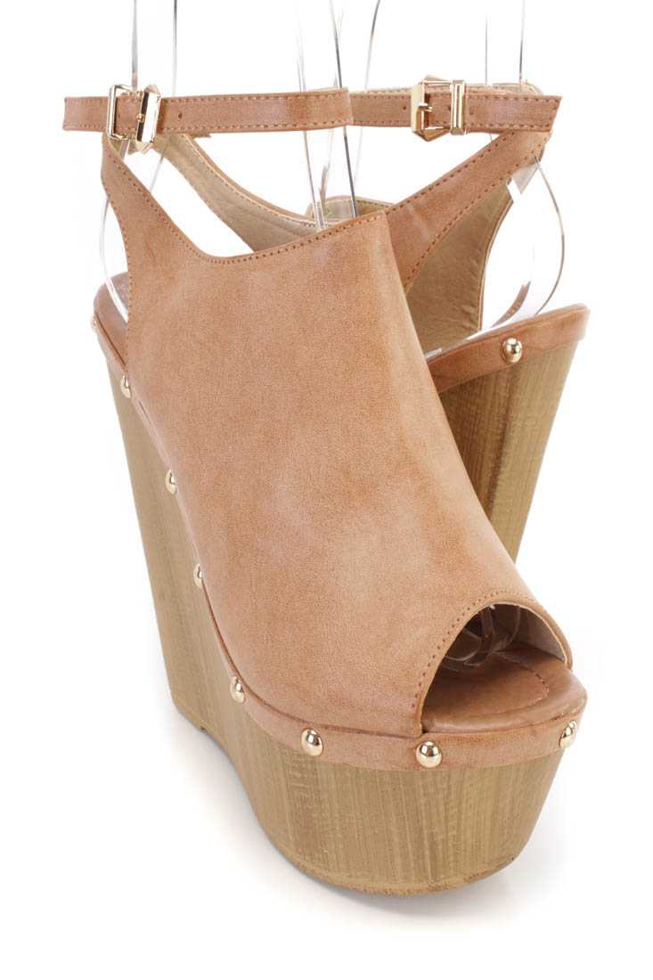 Tan Studded Slingback Platform Clog Wedges Faux Leather