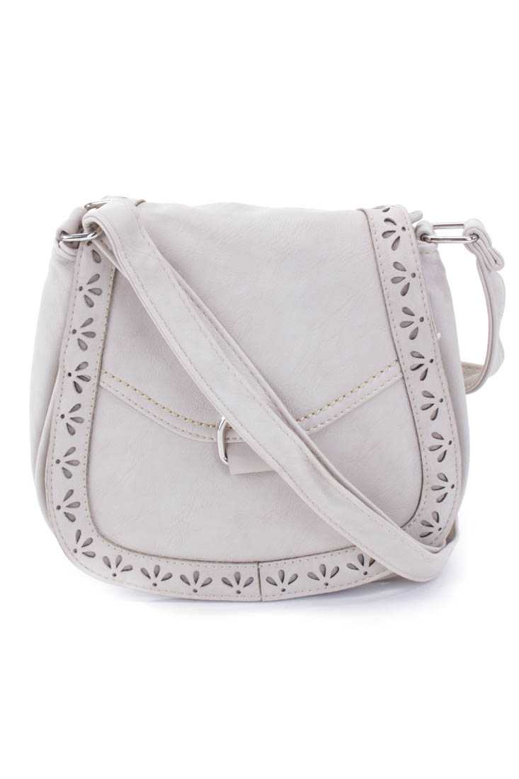 Beige Faux Leather Perforated Shoulder Handbag