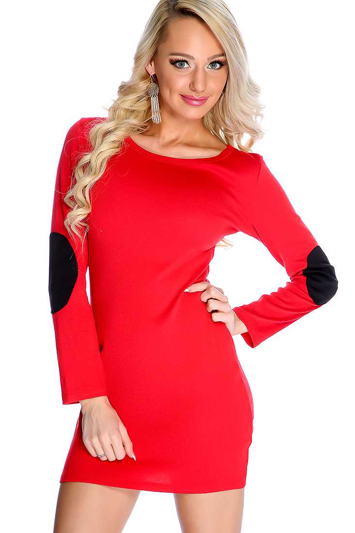 Red Long Sleeve Elbow Patch Casual Dress