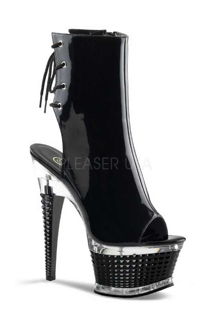 Black Open Toe Textured Platform High Heels Patent