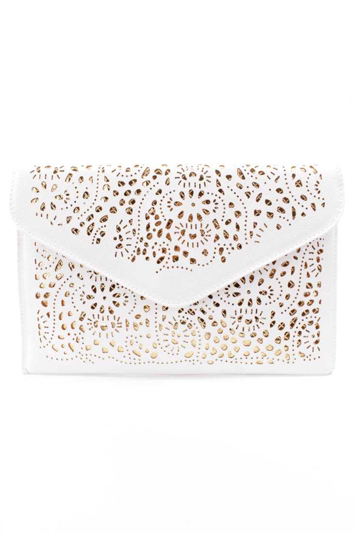 White Perforated Two Tone Envelope Faux Leather Mini Handbag