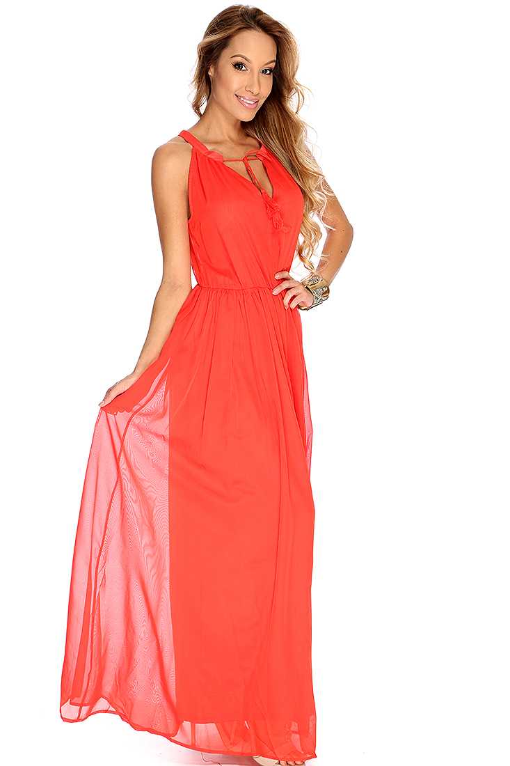 Red Sheer Overlay Sleeveless Maxi Dress