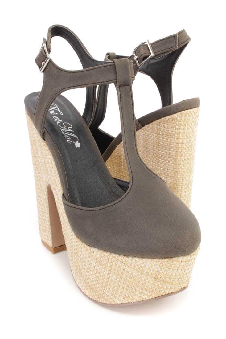 Black T Strap Platform Chunky Heels Nubuck
