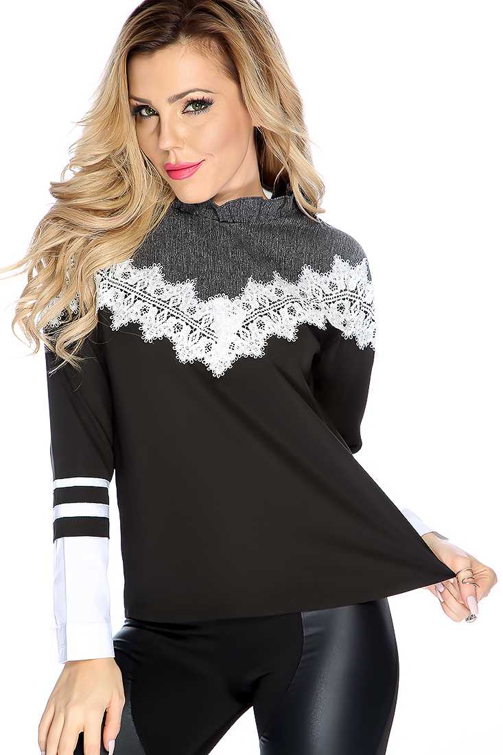 Black Two Tone Lace Detail Long Sleeves Top