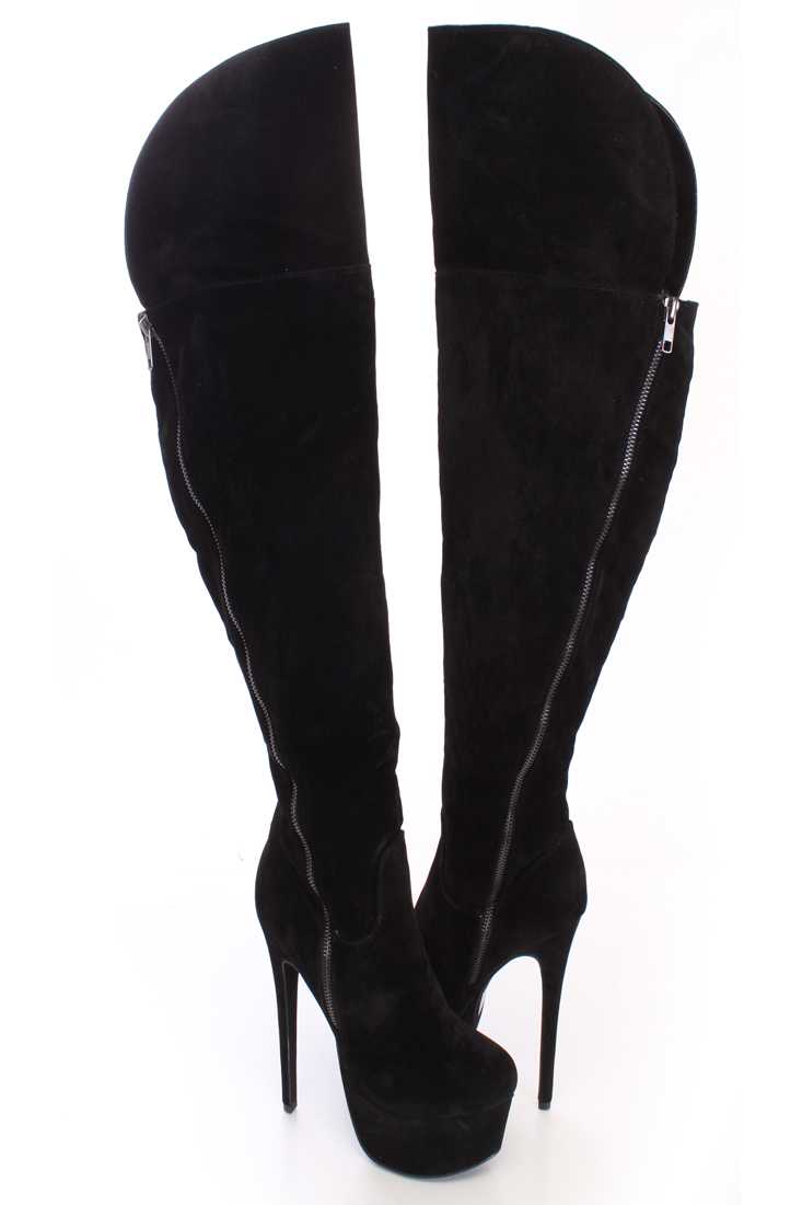 Black Thigh High Heel Boots Faux Suede