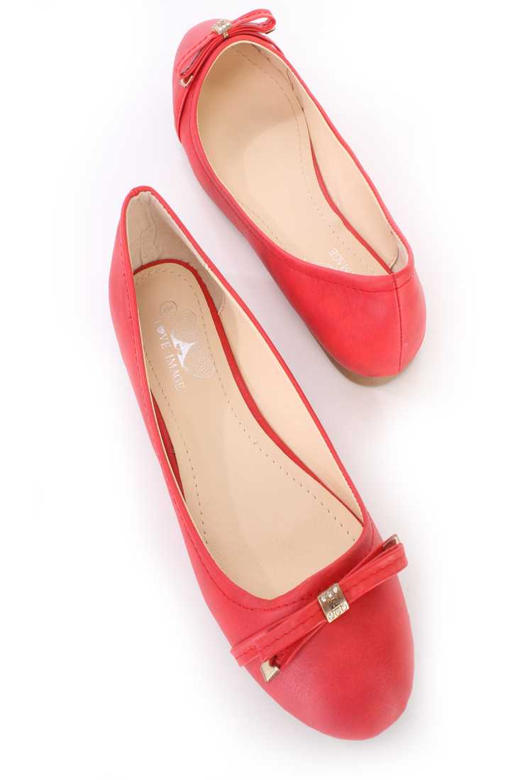 Red Bow Tie Accent Ballet Flats Faux Leather