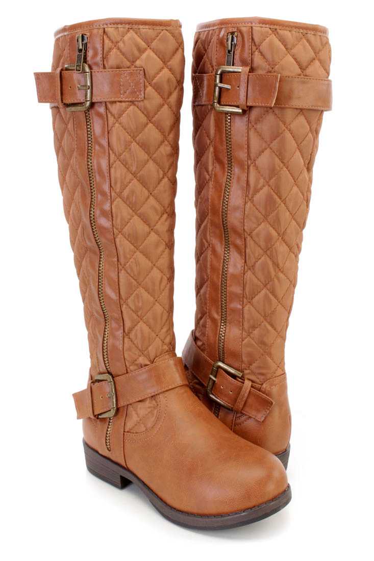 Camel Stitched Quilted Strappy Riding Boots Nylon