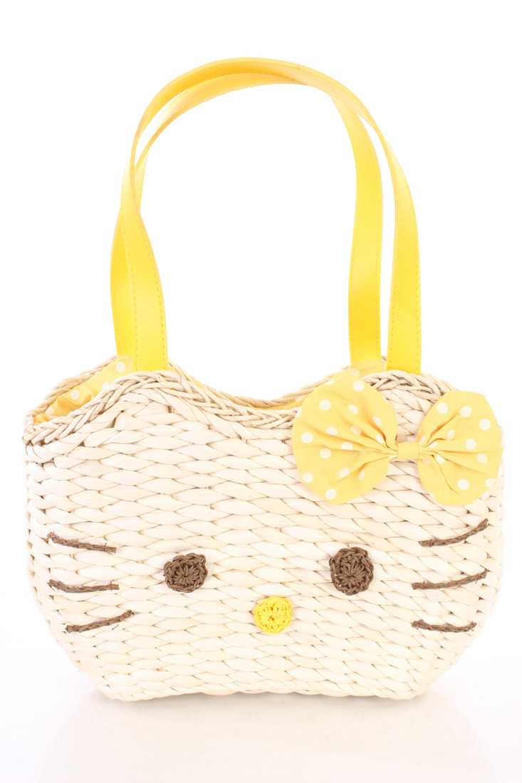 Yellow Kitty Face Woven Straw Tote Beach Bag