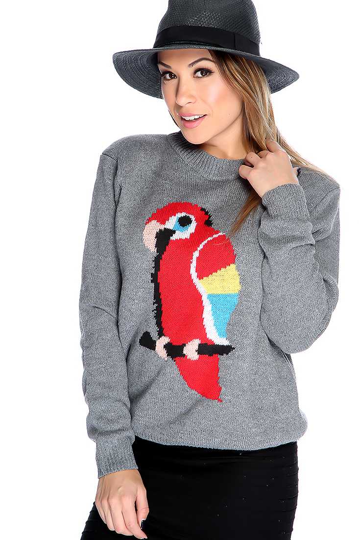 Grey Knitted Parrot Long Sleeve Sweater Top