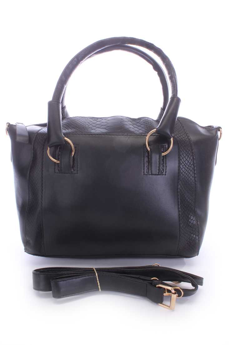 Black Zipper Closure Faux Leather Handbag