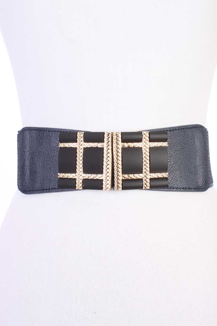 Navy Gold Polish Lining Plaid Pattern Centered Square Accent Belt