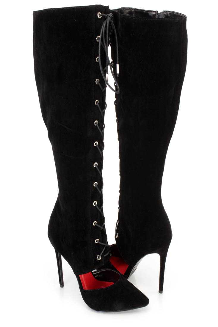 Black Knee High Single Sole High Heel Boots Faux Suede
