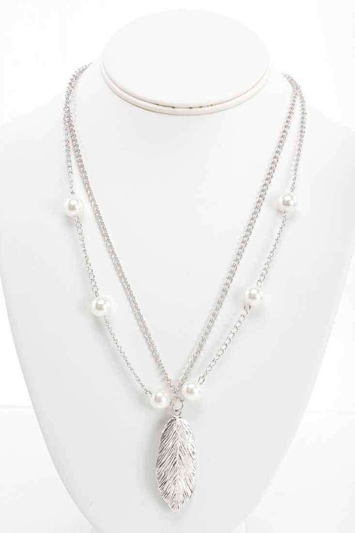 Silver Faux Pearl Leaf Accent Double Chain Necklace