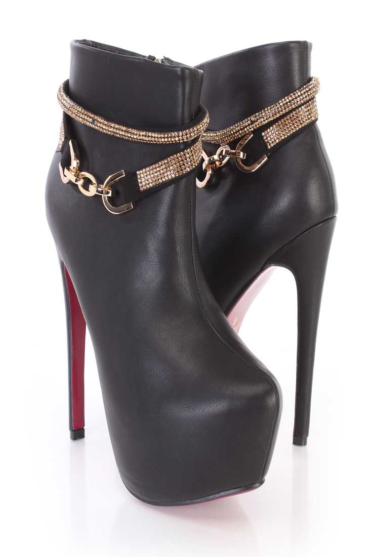 Black Rhinestone Strap Platform Heel Booties Faux Leather