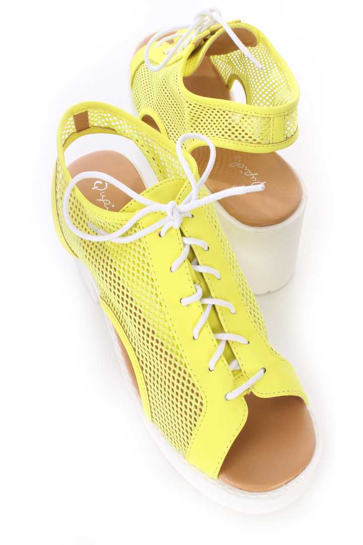 Yellow Lace Up Peep Toe Sneaker Sandals Mesh Netted