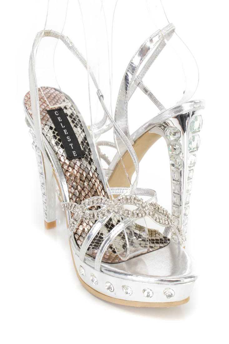 Silver Rhinestone Strappy High Heels Faux Leather