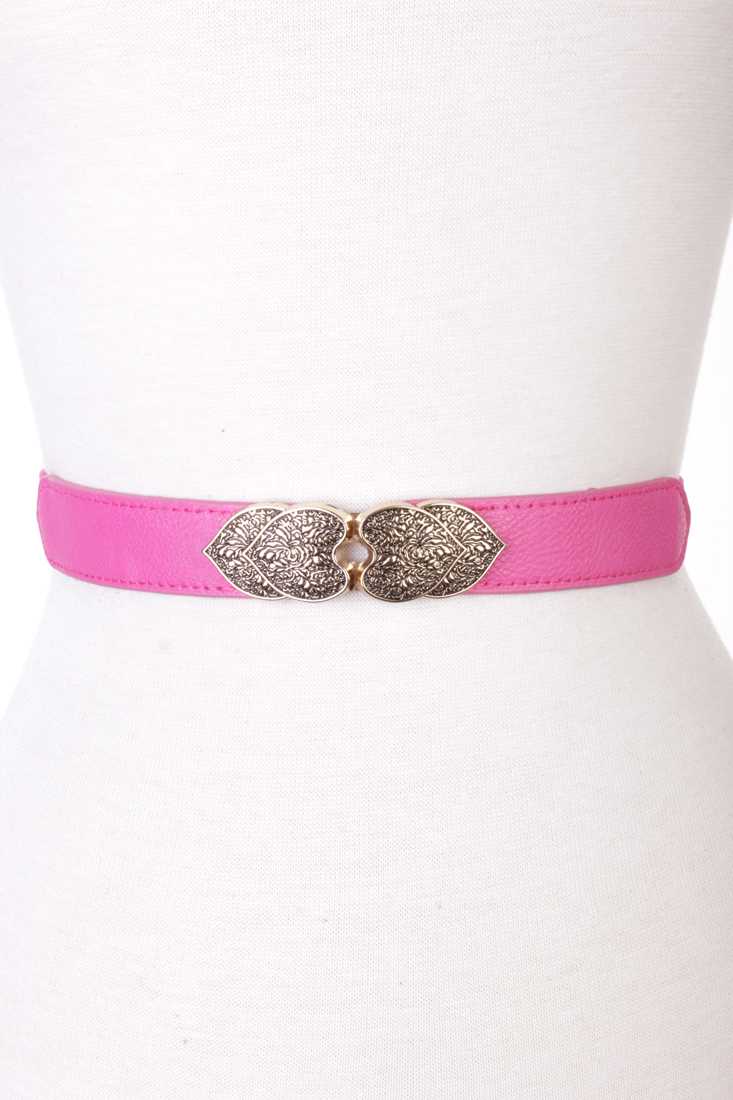 Fuchsia Faux Leather Heart Intricate Design Elastic-band Waist Belt