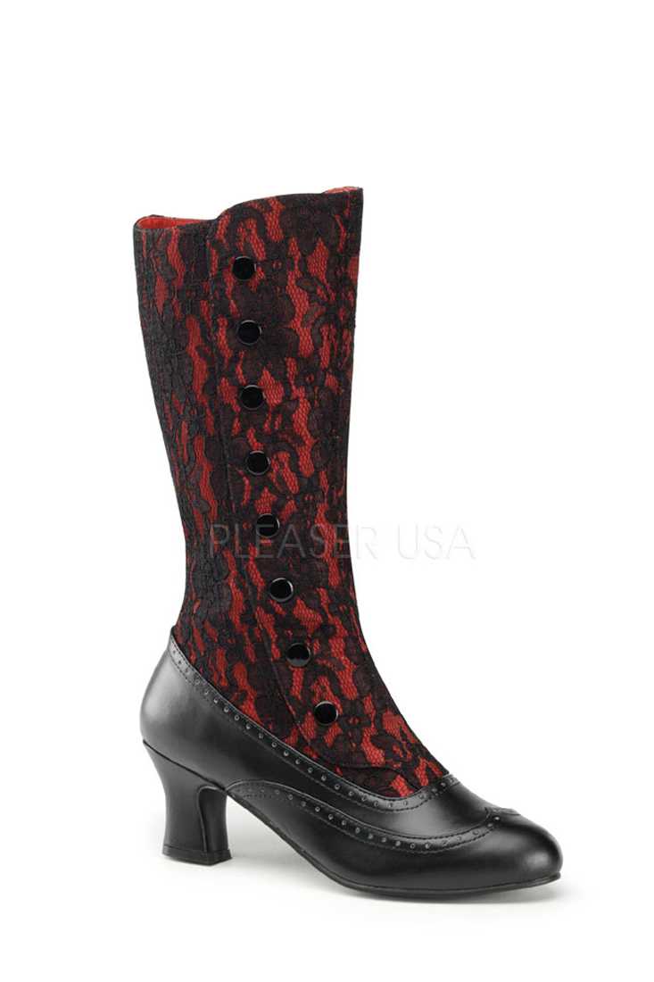 Red Black Two Tone Button Up Boots Satin Lace