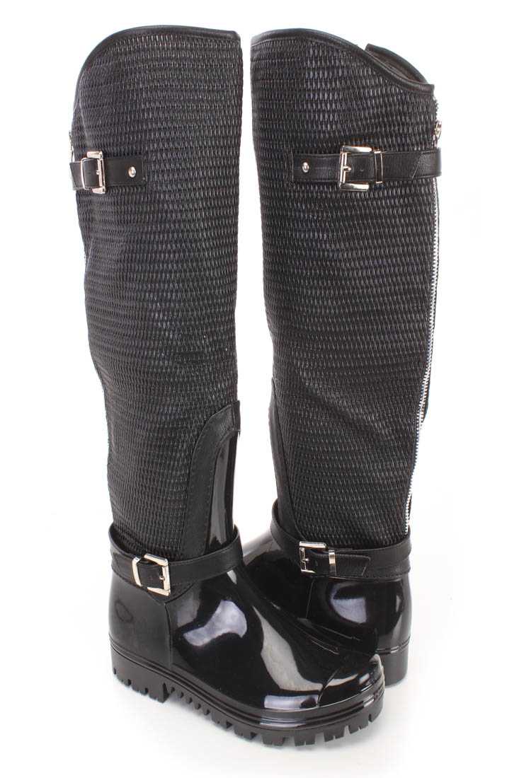 Black Textured Knee High Boots Patent Faux Leather
