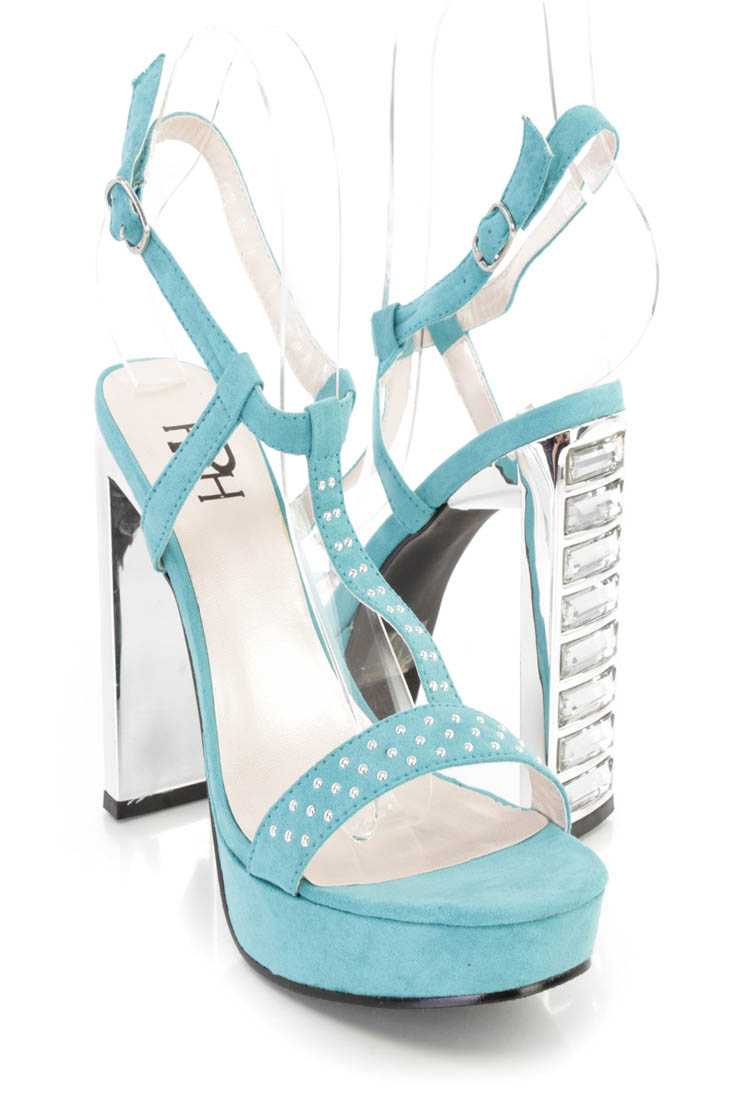 Mint Studded T Strap Platform Heels Faux Suede