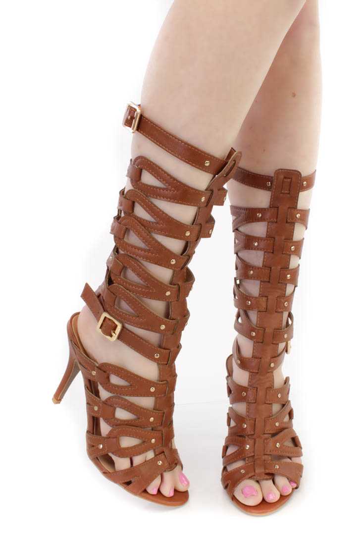 Camel Single Sole Gladiator High Heels Faux Leather
