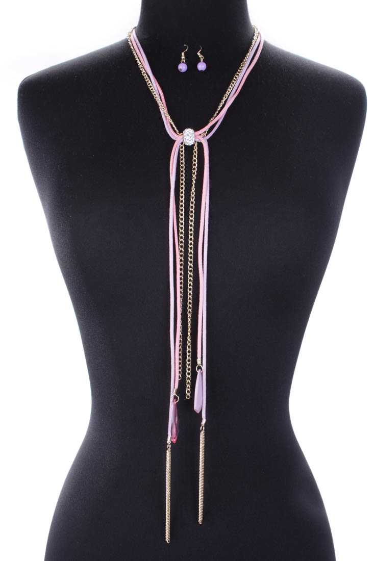 Stylish Pink Purple Rhinestone Bead Detail High Polish Chain Necklace and Earring Set