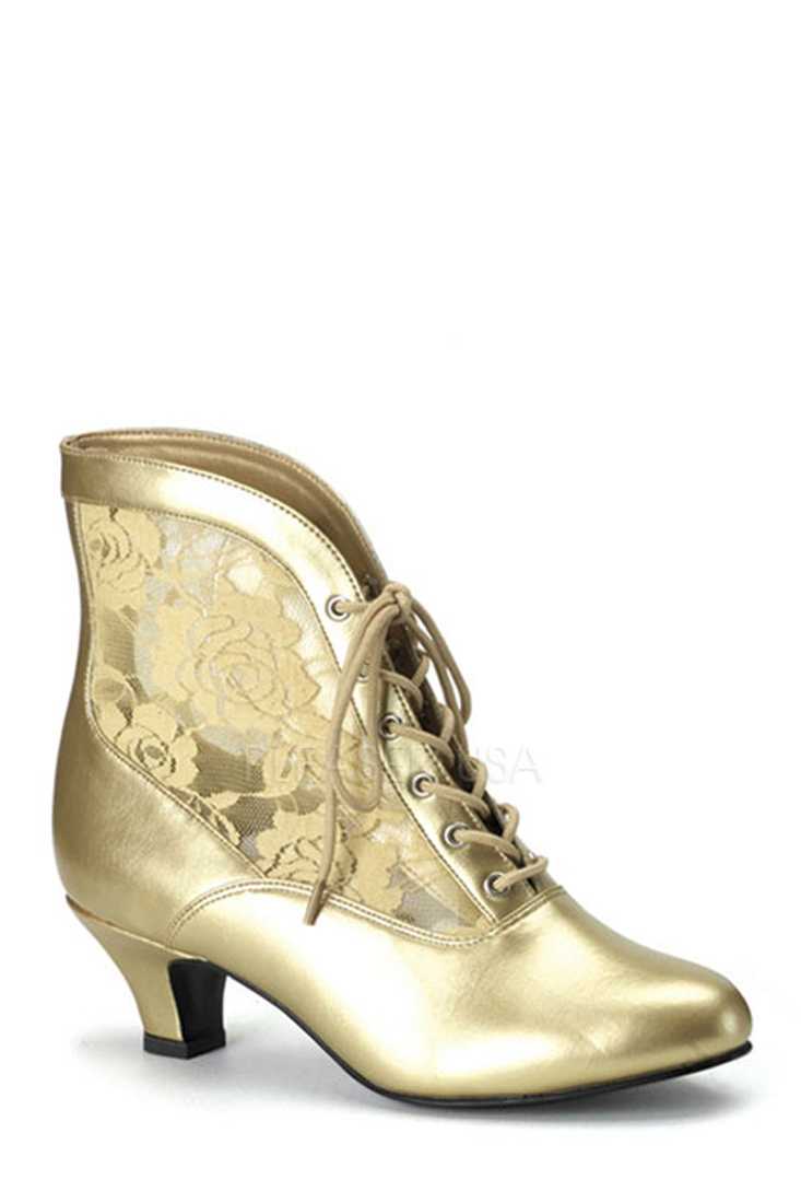 Gold Lace Inset Victorian Booties Faux Leather