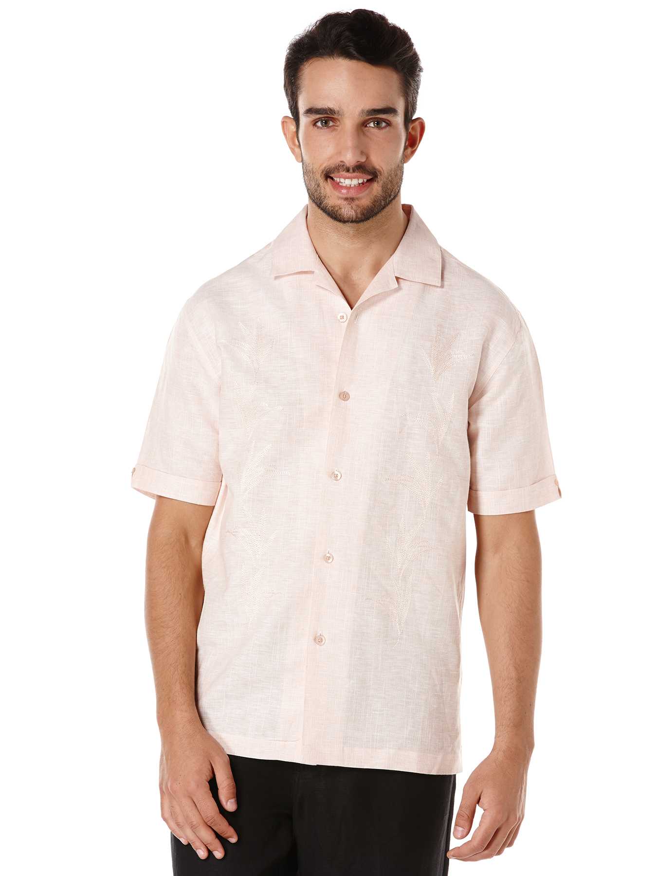 Cubavera Linen Cotton Short Sleeve Slub Placed Leaf Embroidered Shirt
