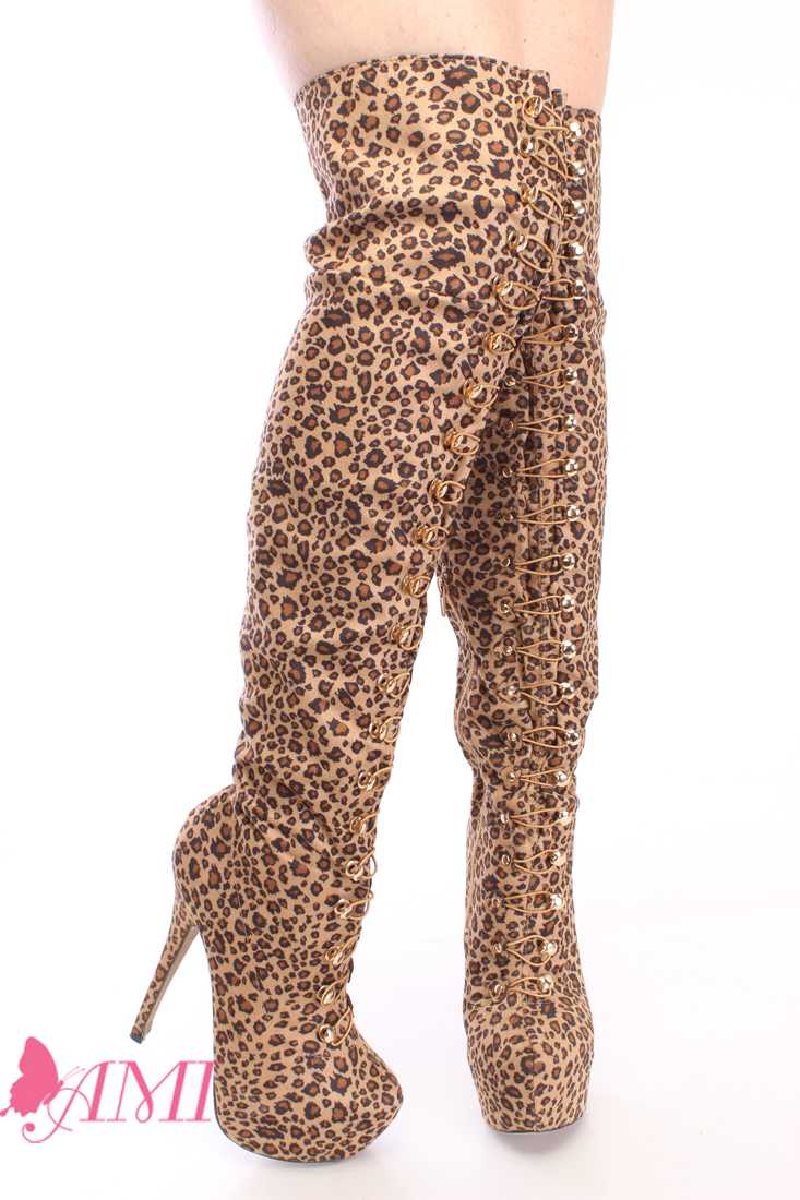 Leopard Looped Thigh High Platform Boots Faux Suede