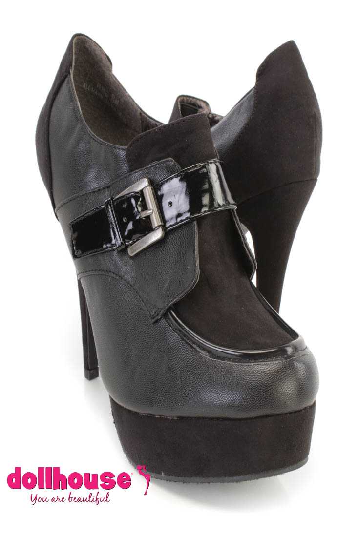 Black Buckle Strap Loafer Bootie Heels Faux Suede