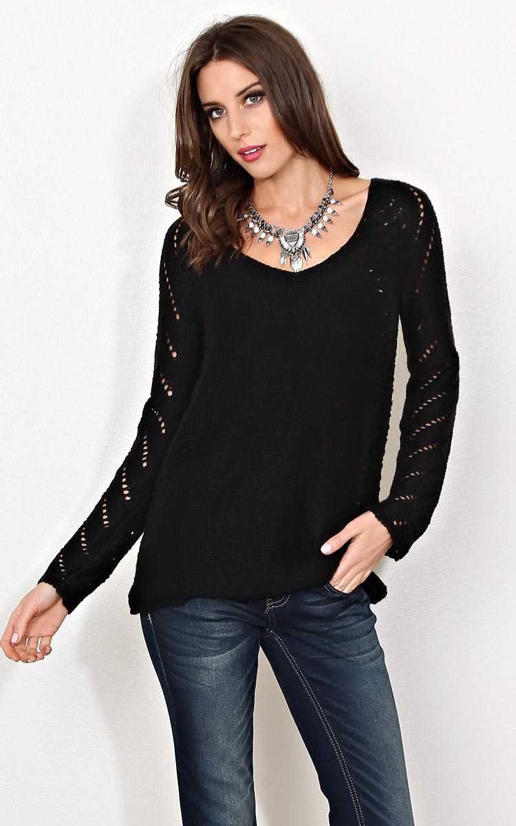 Arina Eyelet Knit Sweater - SML - Black in Size Small by Styles For Less