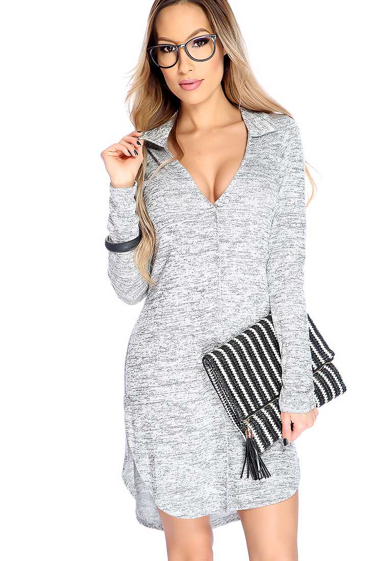 Sexy Grey Long Sleeve V Neck Rounded Hem Casual Party Dress