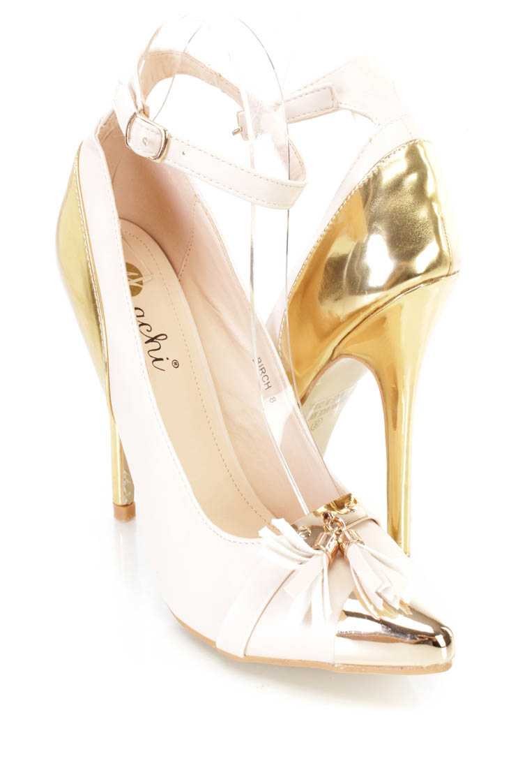 Nude Metallic Accent Tassel Decor Single Sole Heels Faux Leather