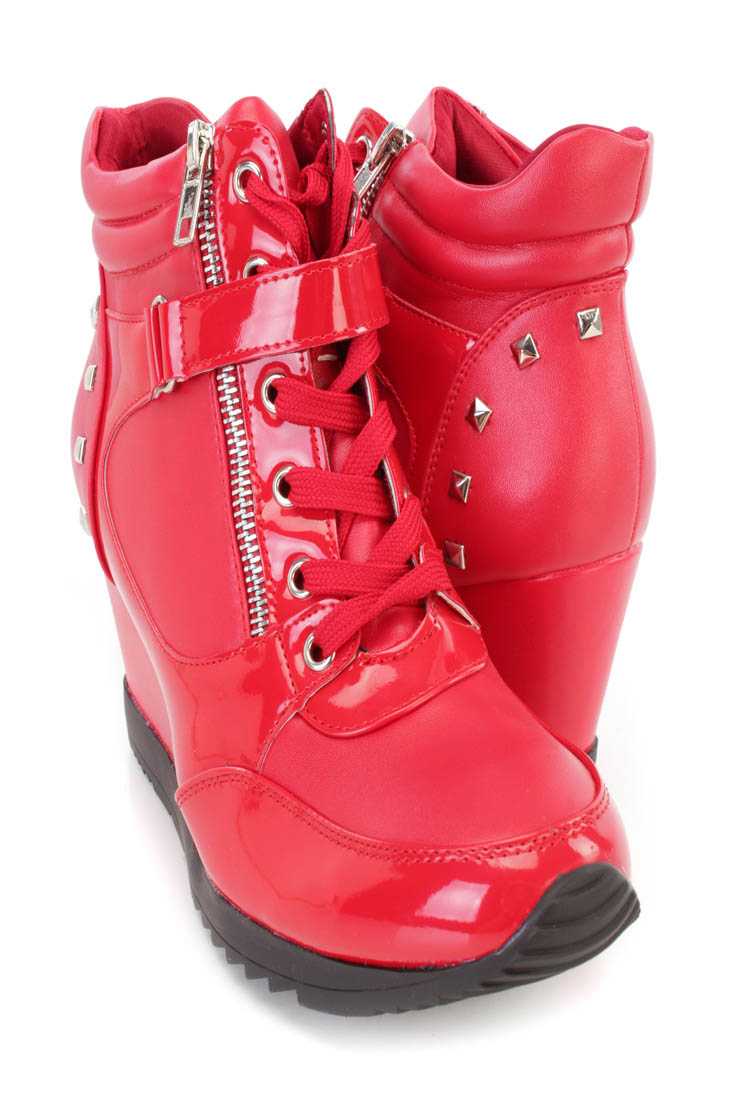 Red Studded Mid Strap Sneaker Wedges Faux Leather