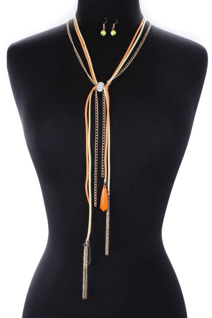 Stylish Yellow Orange Rhinestone Bead Detail High Polish Chain Necklace and Earring Set