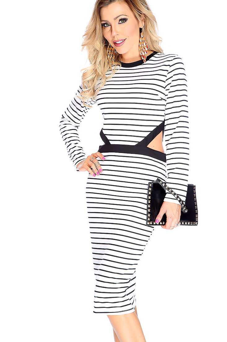 Sexy White Black Long Sleeve Cut Out Stripe Bodycon Party Dress