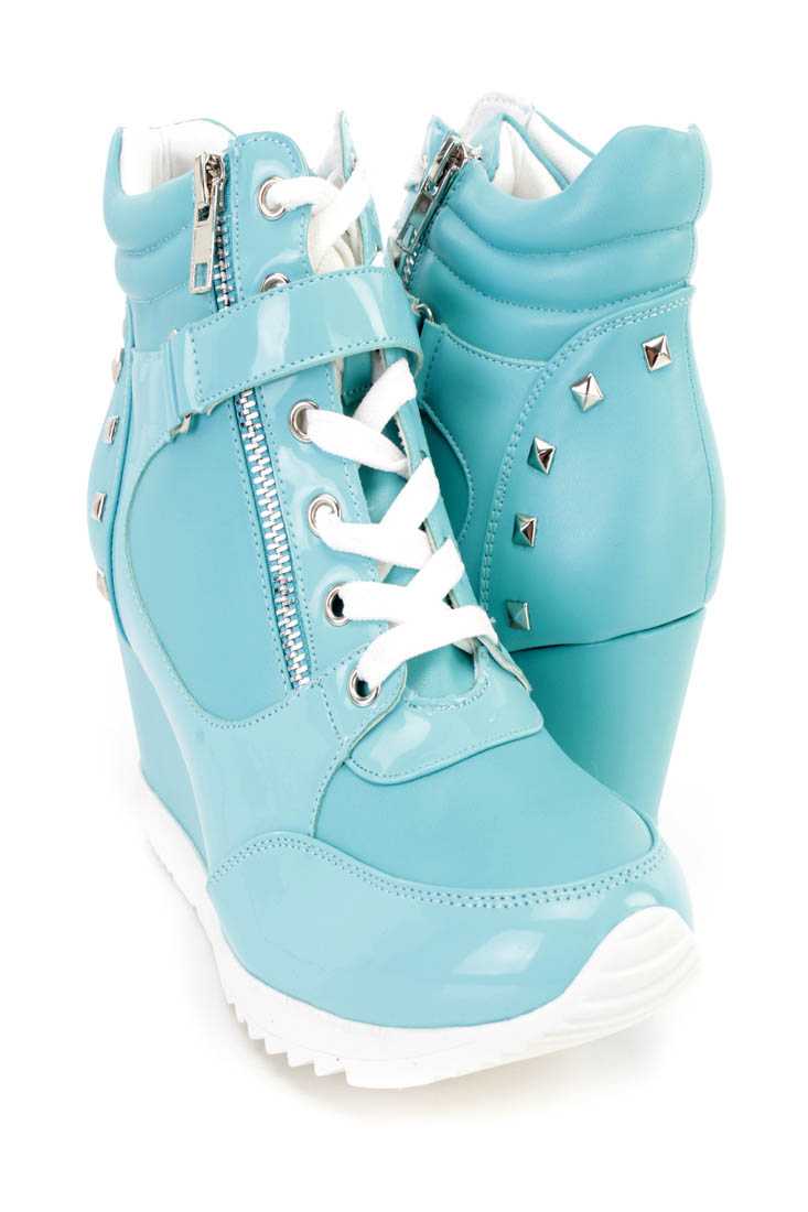 Blue Studded Mid Strap Sneaker Wedges Faux Leather