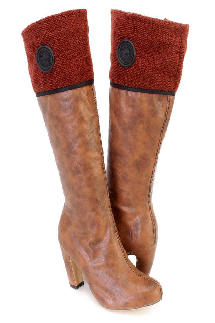 Camel Mid Calf Chuky Heel Boots Faux Leather