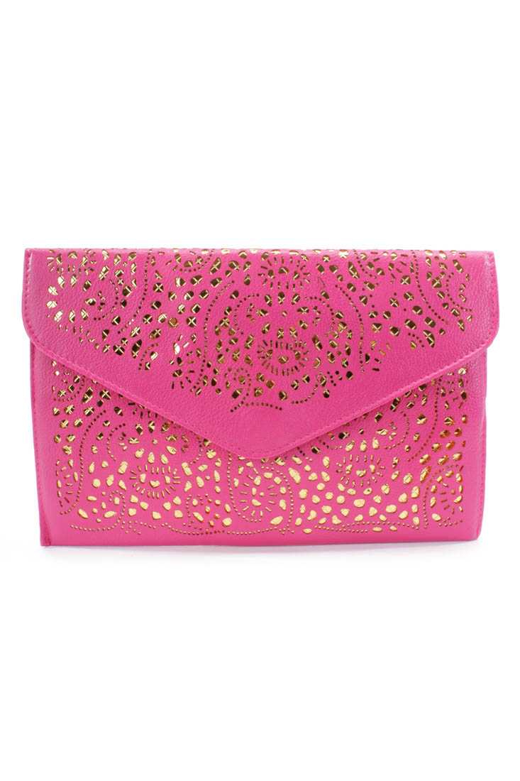 Fuchsia Perforated Two Tone Envelope Faux Leather Mini Handbag