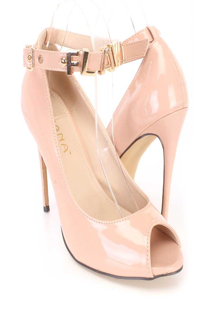 Nude Flawless Ankle Strap Single Sole Heels Patent